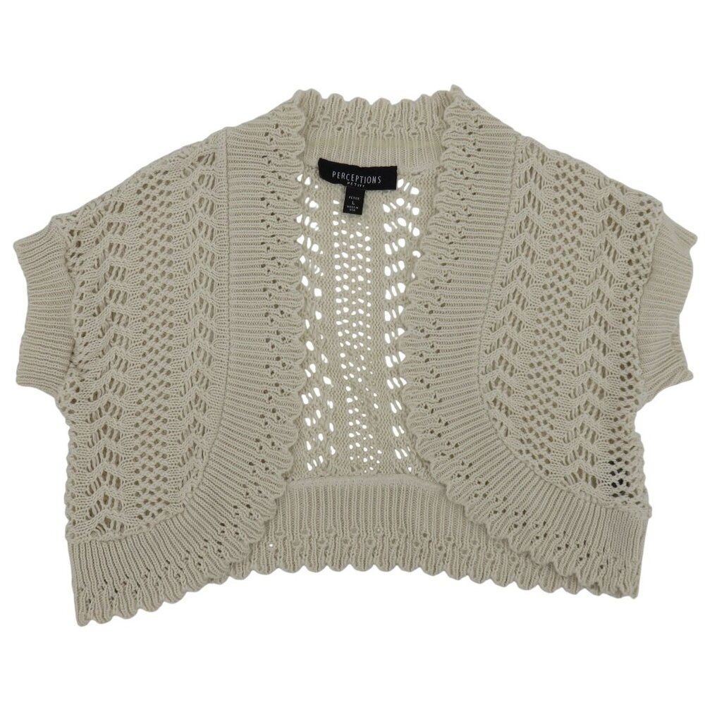 Perceptions Women Petite Large Beige Crochet Loose Knit Cropped Cardigan Sweater